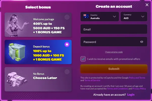 Slotrave Casino Registrierungsseite Screenshot